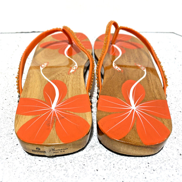 Zodax Plumeria Wooden Sole Thongs Sandals orange white clear sequins US size 8-9 - Picture 6 of 6